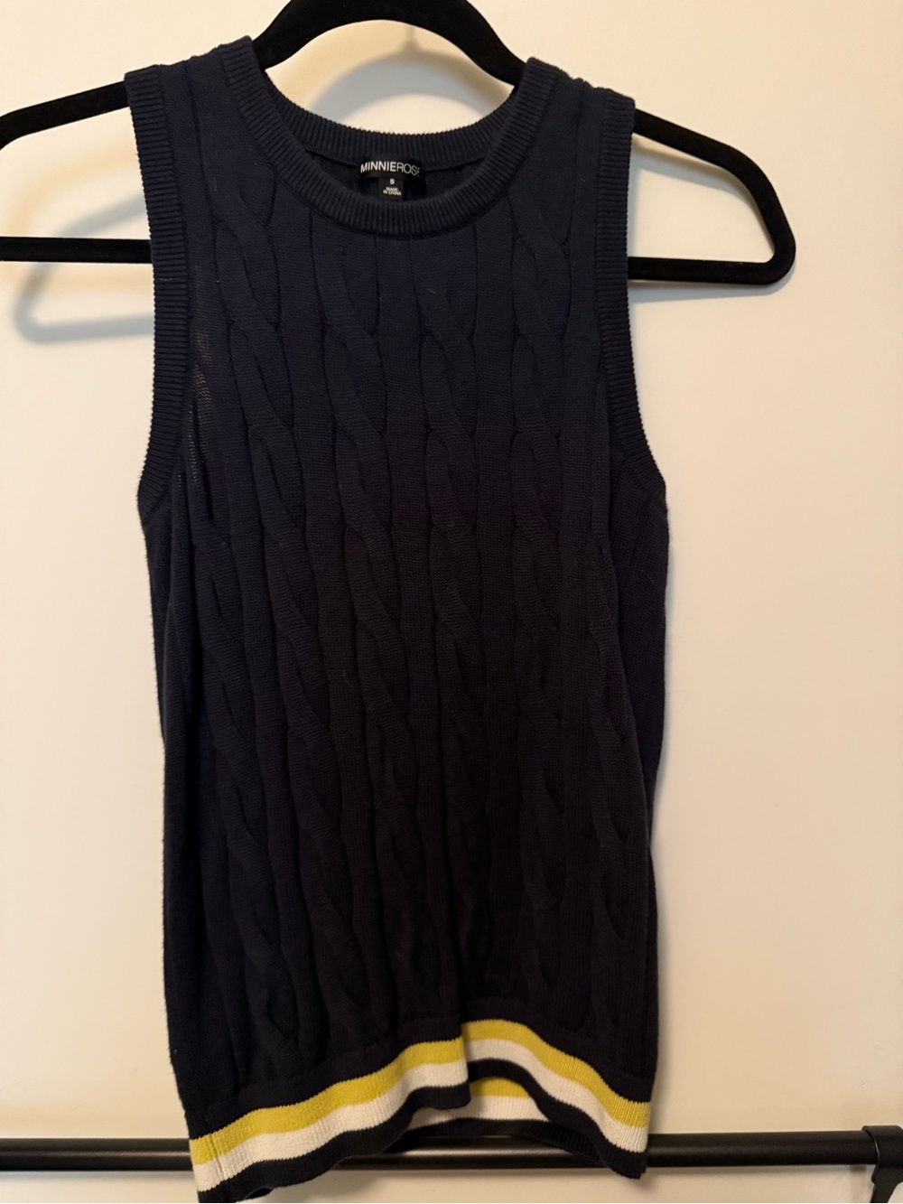 MinnieRose Navy Cable Knit Sleeveless Sweater Tank with Stripe Hem
